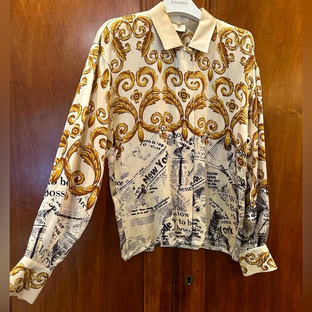Escada Margaretha Ley Blouse 100% Silk Size 6 EU Size 36 New York Theme